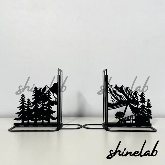 Shinelab Mountain Forest Metal Bookends Custom Name Bookend Gift, Wild Nature Desk Bookshelf Decor 6998