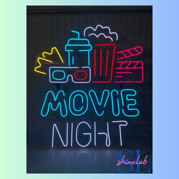 Shinelab Movie Night Neon Sign, Cinema Popcorn Wall Art Light, Movie Home Wall Decor 01229