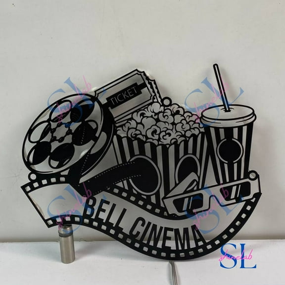 Shinelab Movie Theater Metal Sign Decor, Cinema Movie Metal Wall Art LED Light, Cinema Welcome Sign Decoration, Popcorn Film Metal Wall Sign 3970