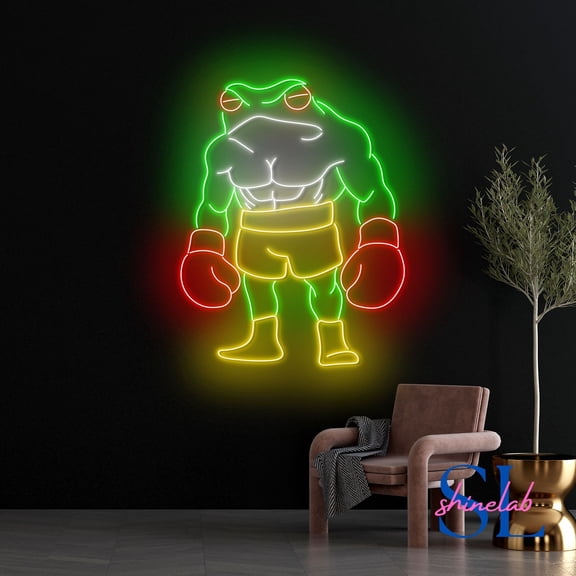 Shinelab Muscled Boxing Frog Neon Sign, Boxing Frog Led Sign, Strong Muscular Frog Wall Art, Boxing Gym Decor 800