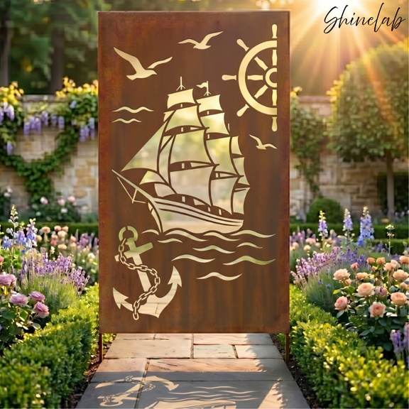 Shinelab Nautical Sailing Ship Metal Garden Screen, Anchor Lighthouse Decorative Garden Panel