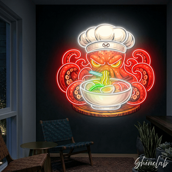 Shinelab Octopus Ramen Neon Sign, Japanese Noodle LED Light, Restaurant Wall Decor