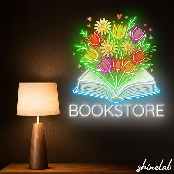 Shinelab Open Book with Flowers Neon Light, Library Aesthetic Decor, Unique Gift 15865