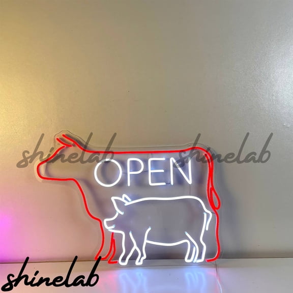 Shinelab Open LED Neon Sign, Cow and Pig Led Light, Butcher Shop Market Decor