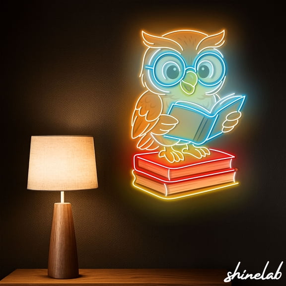 Shinelab Owl Reading Book Neon Sign, Library Aesthetic Decor, Book Nook Gift LED Light 15875