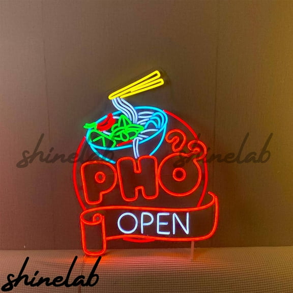 Shinelab PHO Open Neon Sign, Vietnamese Noodle Bowl Light, Restaurant Decor