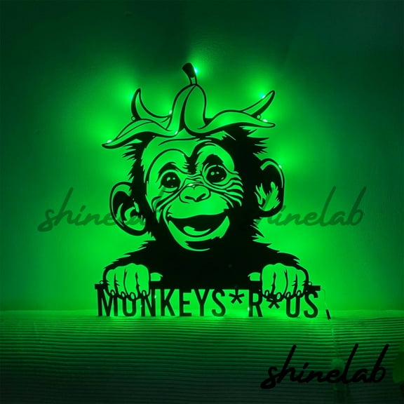 Shinelab Peeking Monkey Banana Metal Sign LED Wall Art, Custom Monkey Wall Decor 9053