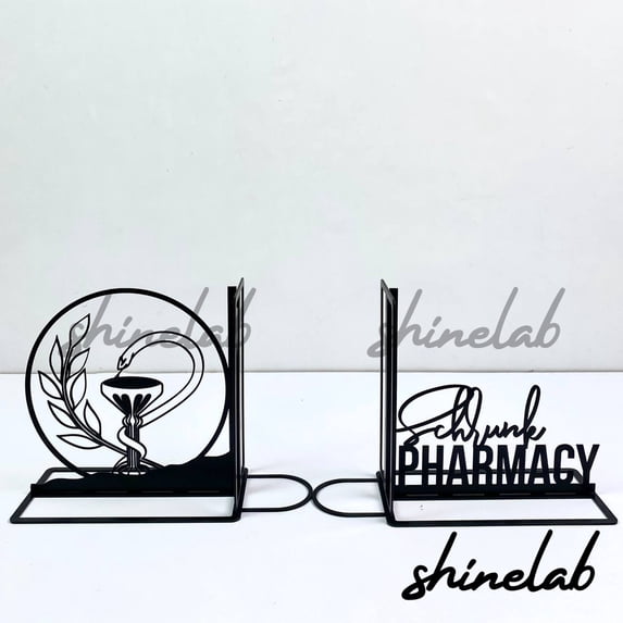 Shinelab Pharmacy Metal Bookends Custom Pharmacist Name Bookend Gift, Drug Dispensing Desk Bookshelf Decor 7052