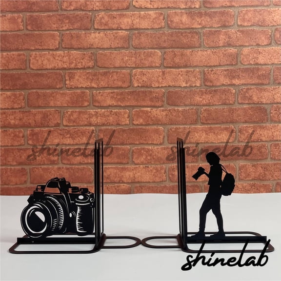 Shinelab Photographer Metal Bookend Personalized Camera Name Bookend, Photography Decor Bookshelf 5207