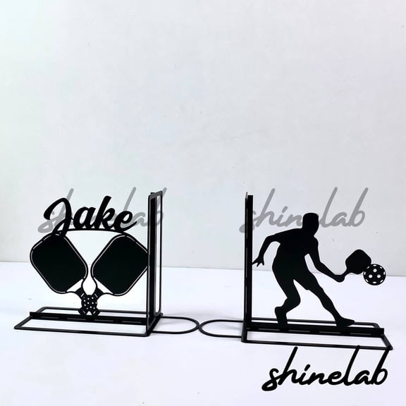 Shinelab Pickleball Metal Bookends Custom Pickleball Player Name Bookend Gift, Sport Desk Bookshelf Decor 7070