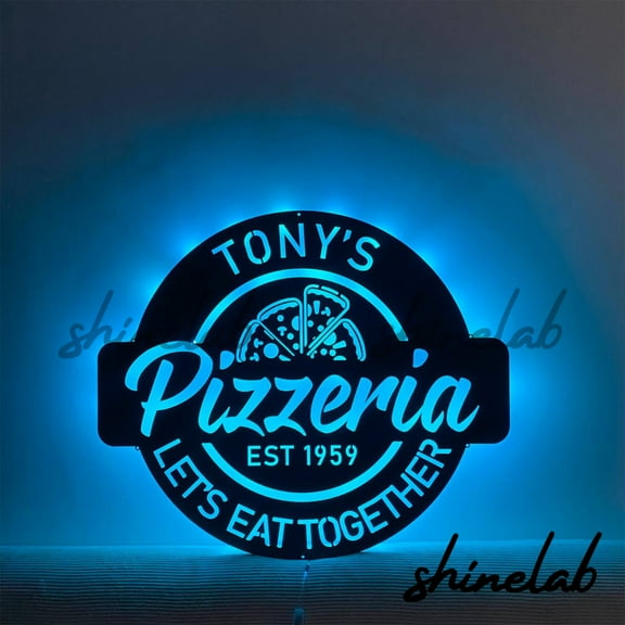 Shinelab Pizzeria Metal Sign, Custom Name LED Wall Art, Pizza Resetaurant n Home Decor 8753