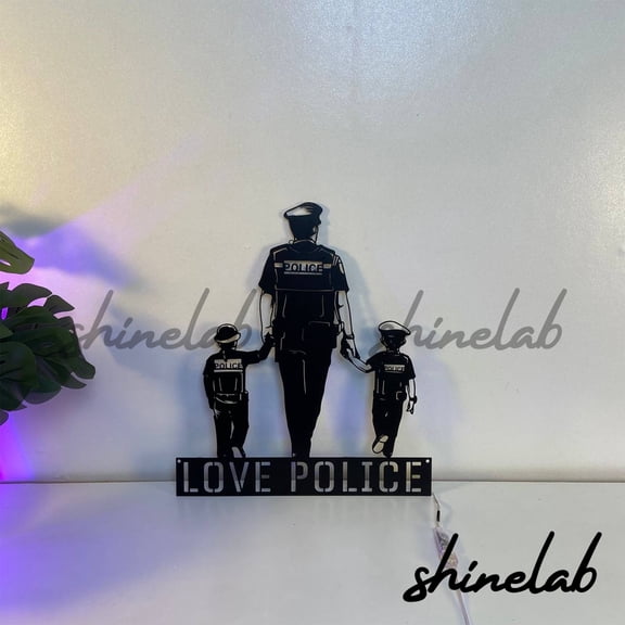 Shinelab Policeman With Children Metal Sign LED Wall Art, Custom Police Officer Sign Gifts 12433