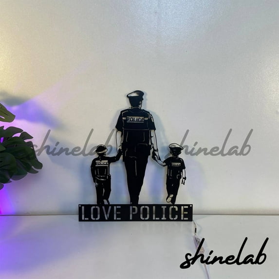 Shinelab Policeman With Children Metal Sign LED Wall Art, Custom Police Officer Sign Gifts 12433