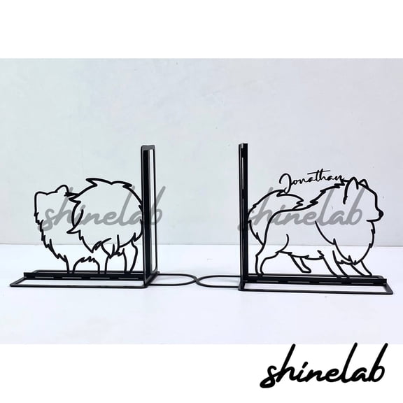 Shinelab Pomeranian Metal Bookends Custom Cut Dog Name Bookend Gift, Family Animal Desk Bookshelf Decor 7088