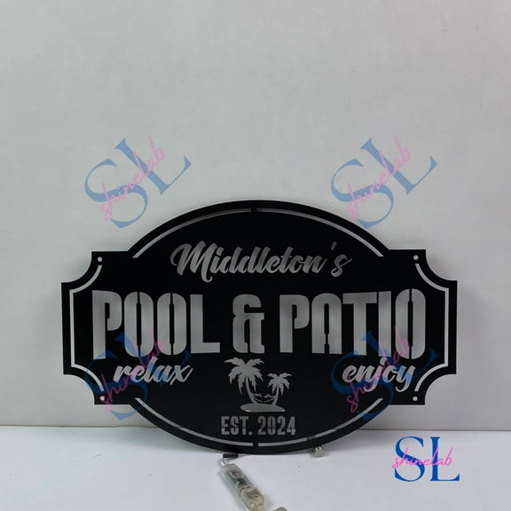 Shinelab Pool And Patio Metal Wall Art LED Light, Pool And Patio Name Sign, Family Home Wall Decor, Family Poolside Palm Tree Art, Pool Sign, Pool Decor 4390