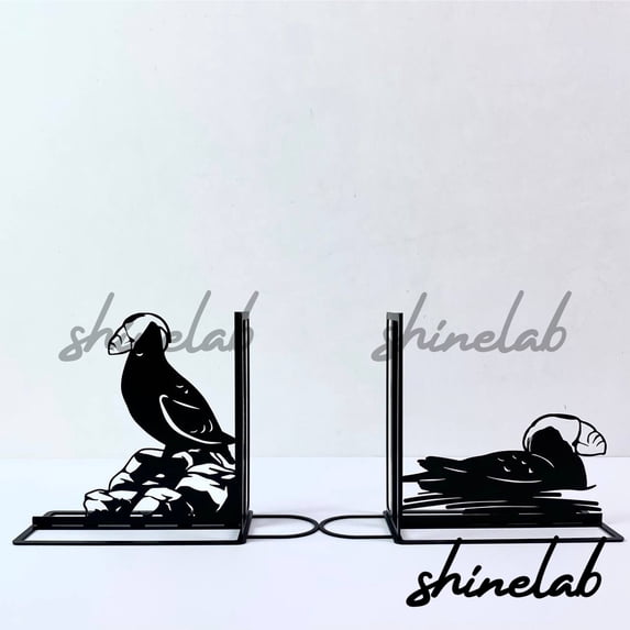 Shinelab Puffin Metal Bookends Atlantic Puffin Custom Name Bookend Gift, Seabird Desk Bookshelf Decor 6440