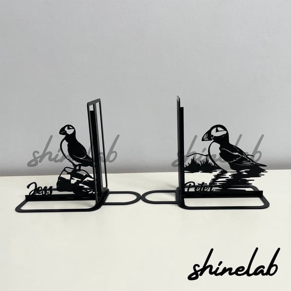 Shinelab Puffin Metal Bookends Custom Bird Lover Name Bookend Gift, Animal Desk Bookshelf Decor 7106