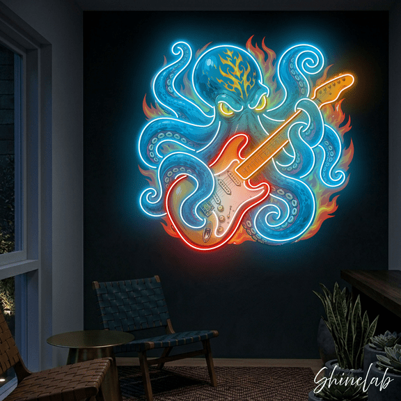 Shinelab Rock Octopus Neon Sign, Electric Guitar LED Light, Music Studio Decor