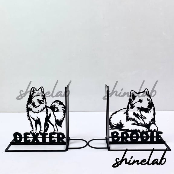 Shinelab Samoyed Dog Metal Bookends Custom Family Friendly Dog Name Bookend Gift, Animal Desk Bookshelf Decor 7160
