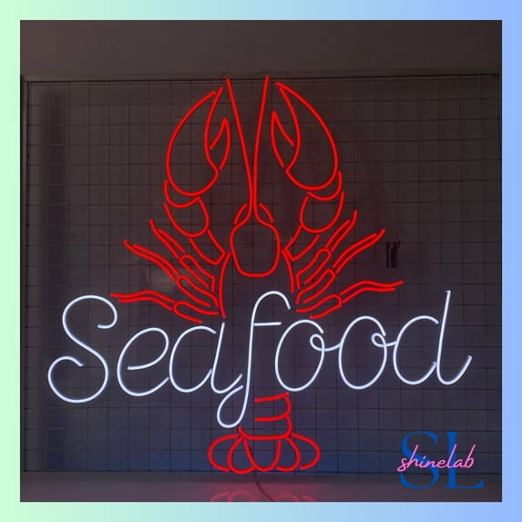 Shinelab Seafood Neon Sign, Seafood Lobster Wall Art, Seafood Restaurant Wall Decor 0353