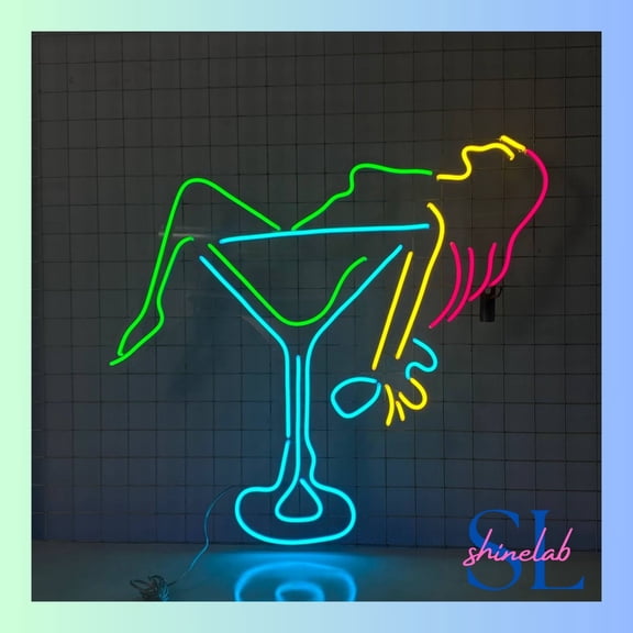 Shinelab Sexy Girl Drink Cocktail Neon Sign, Cocktail Glass Wall Art, Cocktail Bar Wall Decor 01601