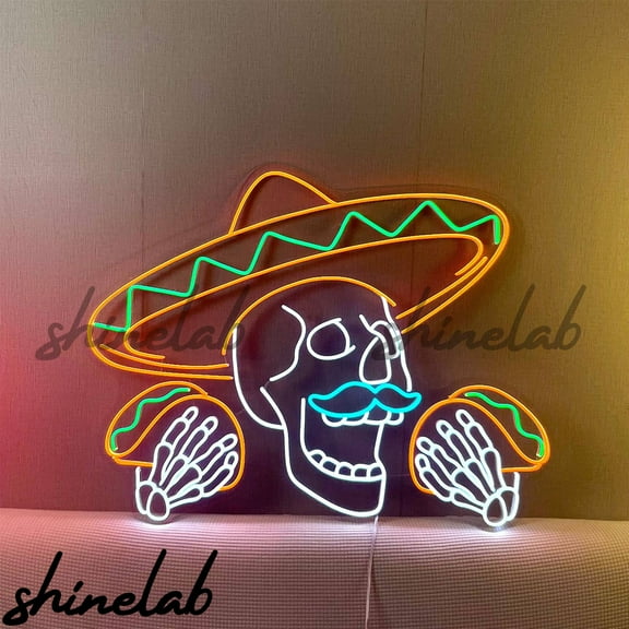 Shinelab Skeleton Eating Tacos Neon Sign, Tacos Led Light, Restaurant Mexican Decor