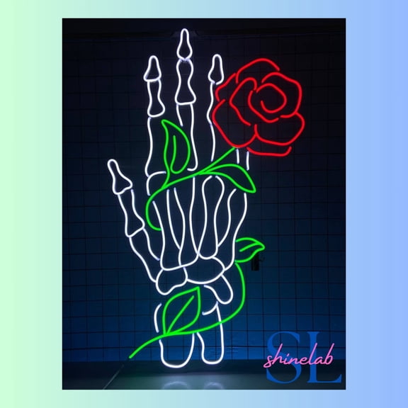 Shinelab Skeleton Hand Rose Neon Sign, Rose Flower Wall Art Light, Skeleton Home Wall Decor 01420