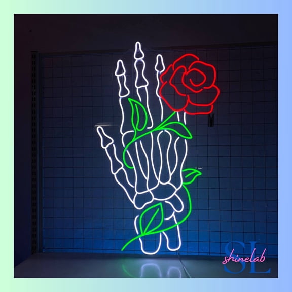 Shinelab Skeleton Hand Rose Neon Sign, Rose Flower Wall Art Light, Skeleton Home Wall Decor 0370