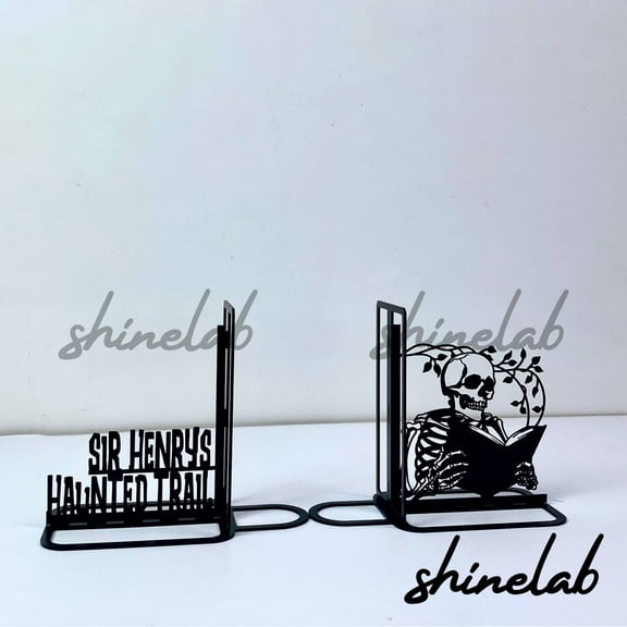 Shinelab Skeleton Read Book Metal Bookends Custom Personalized Name Bookend Gift, Researching Desk Bookshelf Decor 7196