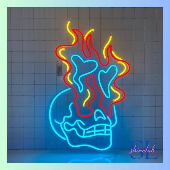 Shinelab Skull Heart Fire Neon Sign, Skull Wall Art Light, Skull Home Wall Decor 0377