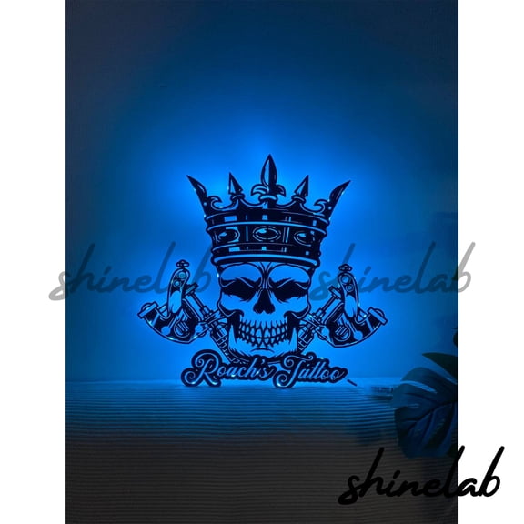 Shinelab Skull Tattoo Machine LED Wall Art, Custom Tattoo Shop Metal Sign Home Decor 10173