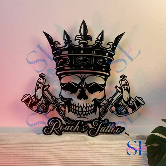 Shinelab Skull Tattoo Machine Metal Wall Art, Tattoo Artist Name Sign, Tattoo Machine Metal Sign, Tatto Studio Sign Decoration, Tattoo Artist Metal Sign, Ink Studio Decor 3370