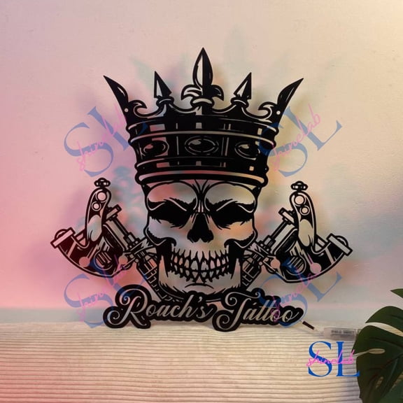 Shinelab Skull Tattoo Machine Metal Wall Art, Tattoo Artist Name Sign, Tattoo Machine Metal Sign, Tatto Studio Sign Decoration, Tattoo Artist Metal Sign, Ink Studio Decor 3370