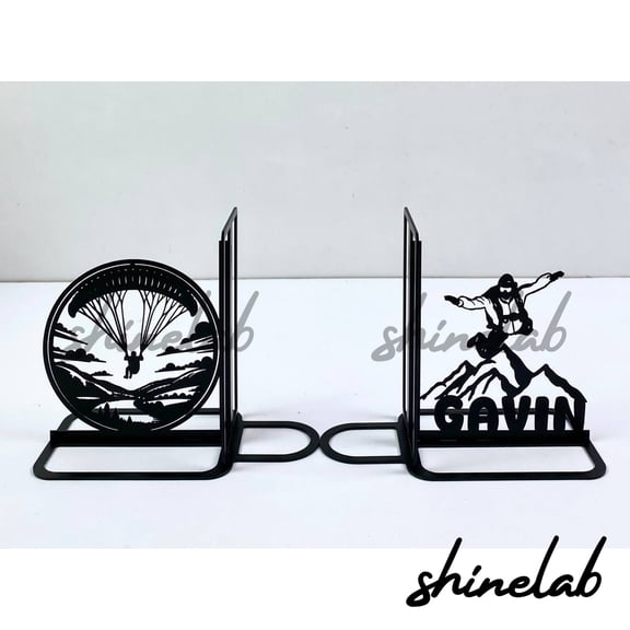 Shinelab Skydiving Metal Bookends Custom Freefall Jumper Lover Name Bookend Gift, Game Sport Desk Bookshelf Decor 7205