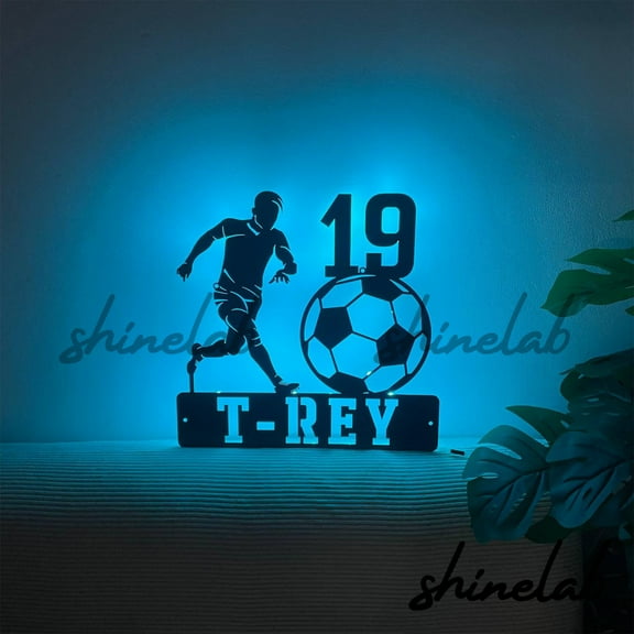 Shinelab Soccer Player Metal Sign LED Wall Art, Custom Name Football Sport Wall Decor 10233