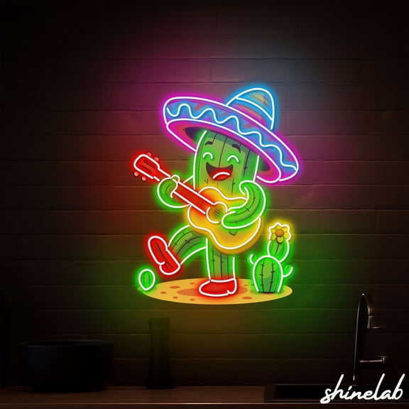 Shinelab Sombrero Cactus Musician Neon Sign, Funny Bar Decor, Mexican Food LED Art 15955