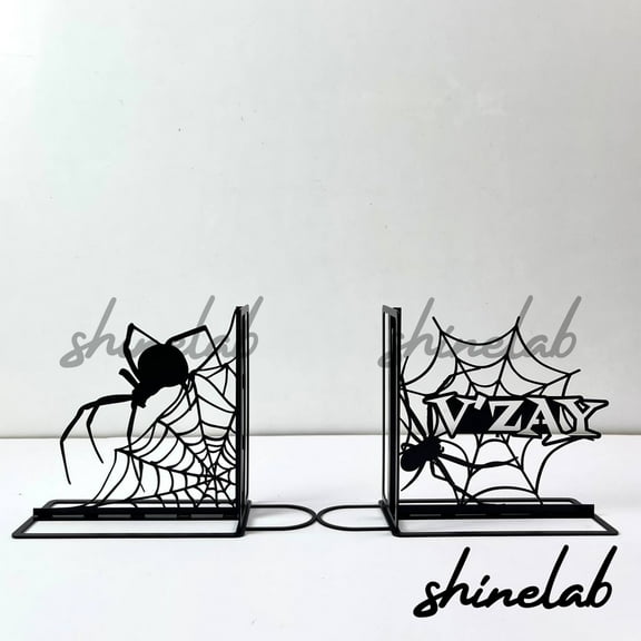 Shinelab Spider Web Metal Bookends Custom Animal Lover Name Bookend Gift, Black Metal Spider Desk Bookshelf Decor 7241