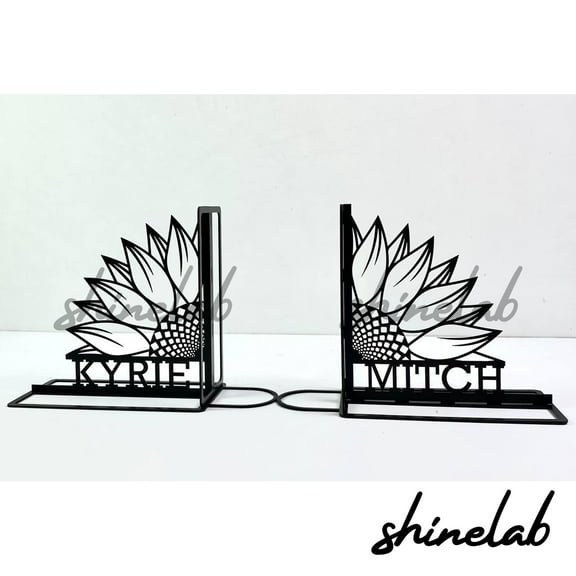 Shinelab Sunflower Metal Bookends Custom Flower Personalized Name Bookend Gift, Nature Desk Bookshelf Decor 7250
