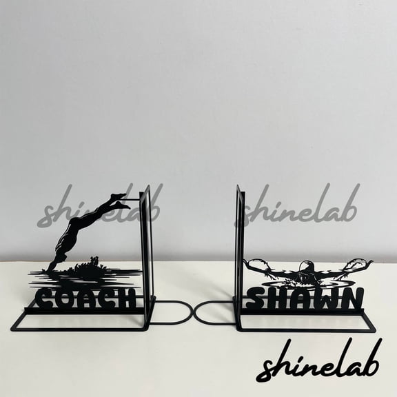 Shinelab Swimming Metal Bookends Custom Personalized Swimmer Name Bookend Gift, Sport Desk Bookshelf Decor 7259