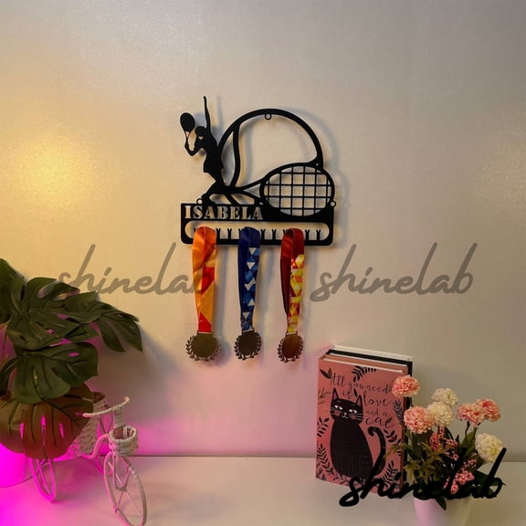 Shinelab Tennis Medal Hanger, Tennis Player Custom Name LED Wall Decor, Sport Award Display 7893