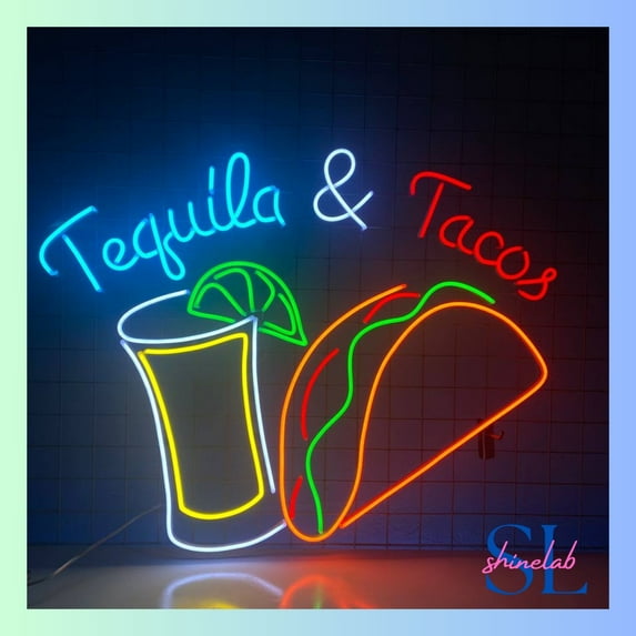 Shinelab Tequila And Tacos Neon Sign, Tequila Wall Art, Mexican Tacos Restaurant Wall Decor 0403
