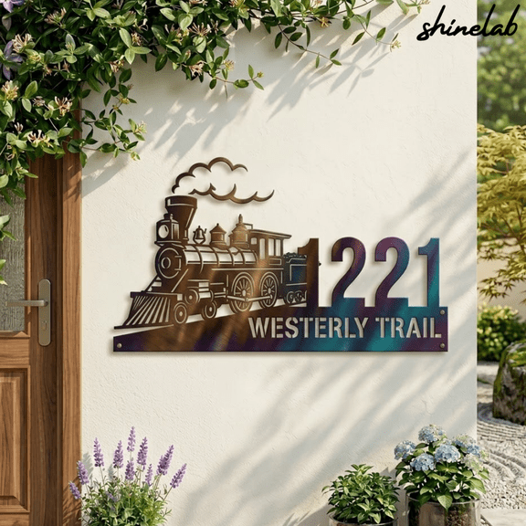 Shinelab Train Metal Wall Art, Railway Decor Sign, Custom Address Plaque
