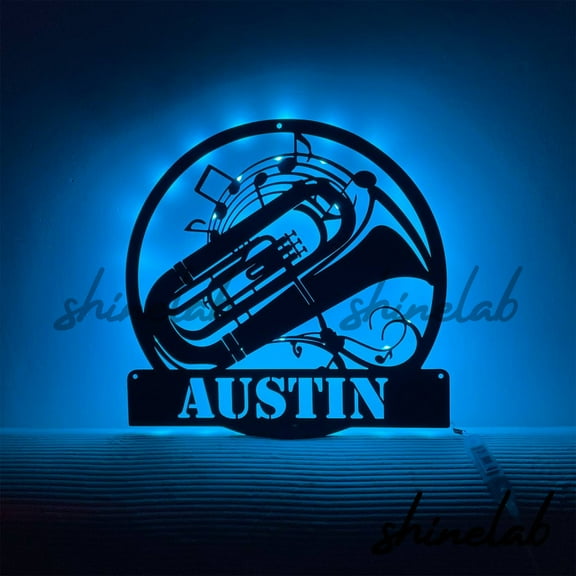 Shinelab Tuba Metal Sign LED Wall Art, Custom Brass Musical Instrument Wall Decor Music Home 9333