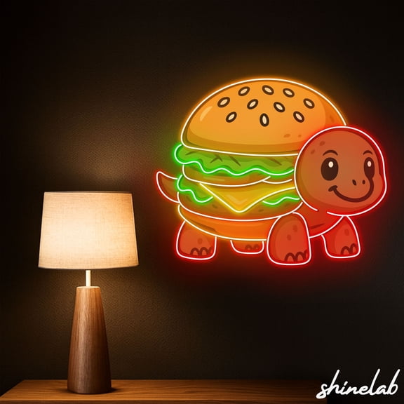 Shinelab Turtle Burger Neon Sign, Funny Fast Food Diner Decor, Kitchen Wall LED Art 16035