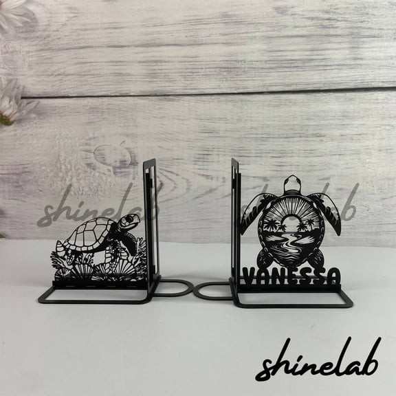 Shinelab Turtle Metal Bookends Animal Custom Name Bookend Gift, Sea Turtle Table Bookshelf Decor 6026