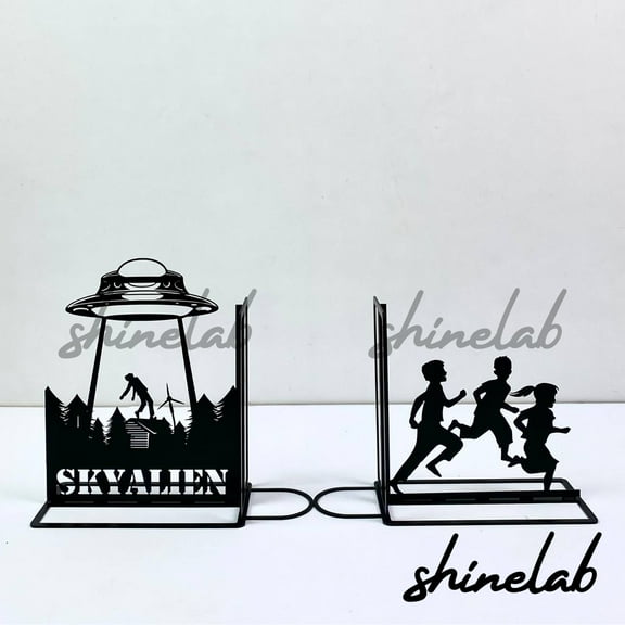 Shinelab UFO Metal Bookends Custom Personalized Name Bookend Gift, Planet Desk Bookshelf Decor 7277