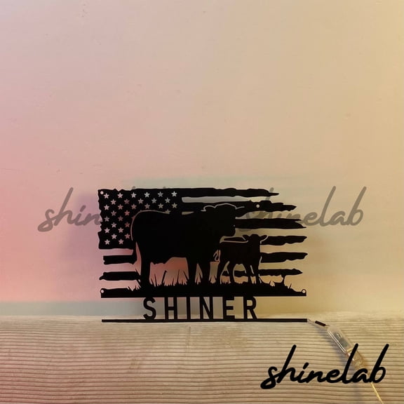 Shinelab US Flag Cow Farmhouse Metal Sign, Custom Name Farming Wall Art LED Home Decor 8853