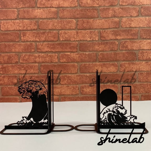 Shinelab Wave Metal Bookends Coastal Wave Name Bookend Gift, Metal Ocean Desk Bookshelf Decor 5288