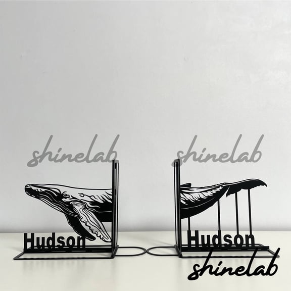 Shinelab Whale Metal Bookends Sea Whale Custom Name Bookend Gift, Animal Desk Bookshelf Decor 6485