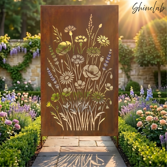 Shinelab Wildflower Garden Screen, Metal Floral Garden Panel, Botanical Yard Decor